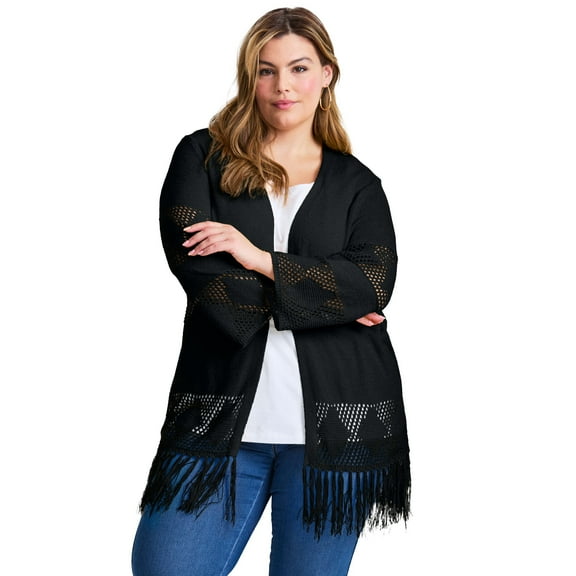 Avenue Women's Plus Size Pointelle Fringe Cardigan