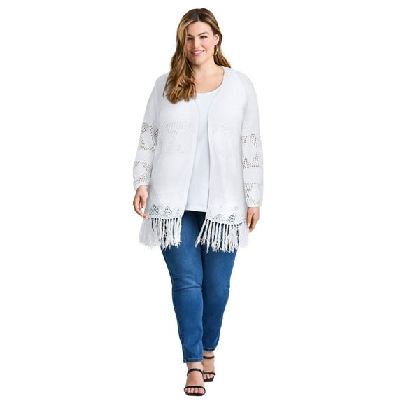 Avenue Women's Plus Size Pointelle Fringe Cardigan