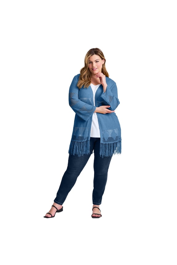 Women's Plus Size Pointelle Fringe Cardigan