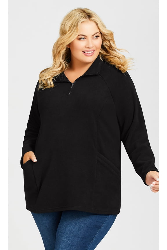Women's Plus Size Polar Fleece Pocket Tunic Short Zip-Up Funnel Neck Long Sleeve Pull-Over