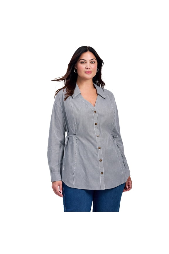Women's Plus Size Ray Stripe Polpin Shirt With Tie Detail