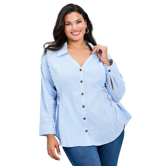 Avenue Women's Plus Size Ray Stripe Polpin Shirt With Tie Detail