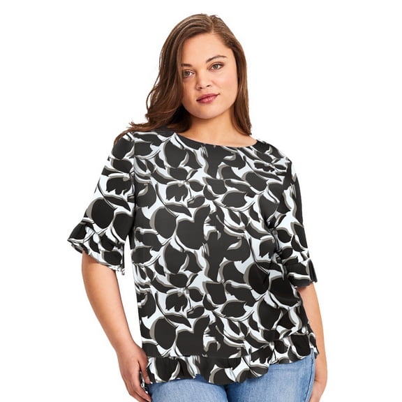 Avenue Women's Plus Size Crew Ruffle Hem Top