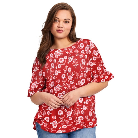Avenue Women's Plus Size Crew Ruffle Hem Top