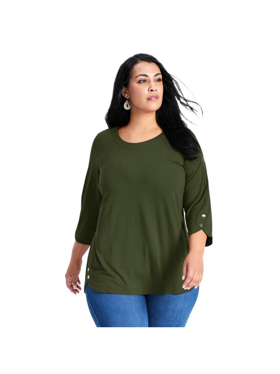 Women's Plus Size Sabrina Btn Dtl 3/4 Slv Top