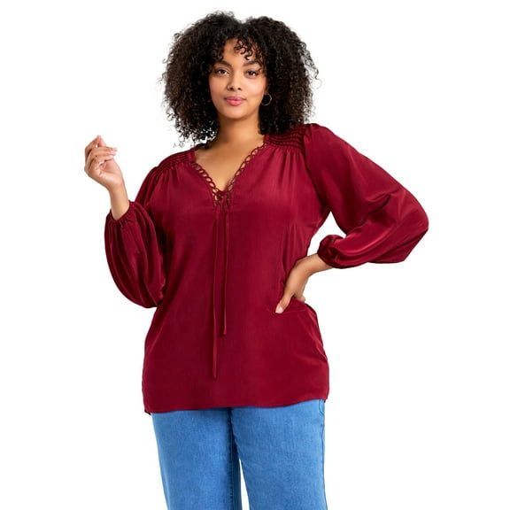 Avenue Women's Plus Size Scallop Trim Peasant Blouse