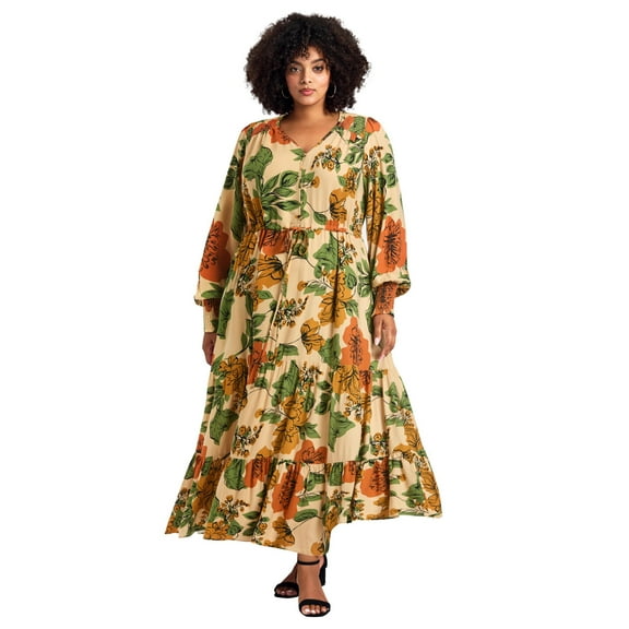 Avenue Women's Plus Size Second Nature Blouson Sleeve Maxi Dress