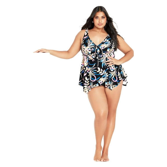 Avenue Women's Plus Size Sharkbite Print Tankini Top