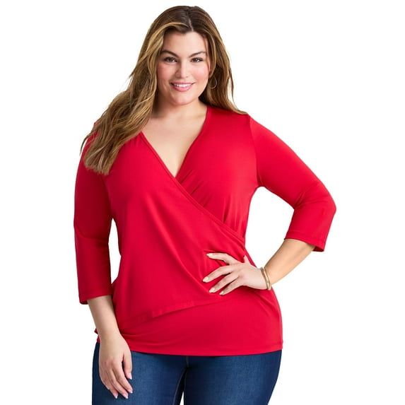 Avenue Women's Plus Size Side Ruched Faux Wrap Top