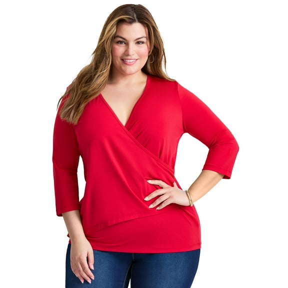 Avenue Women's Plus Size Side Ruched Faux Wrap Top