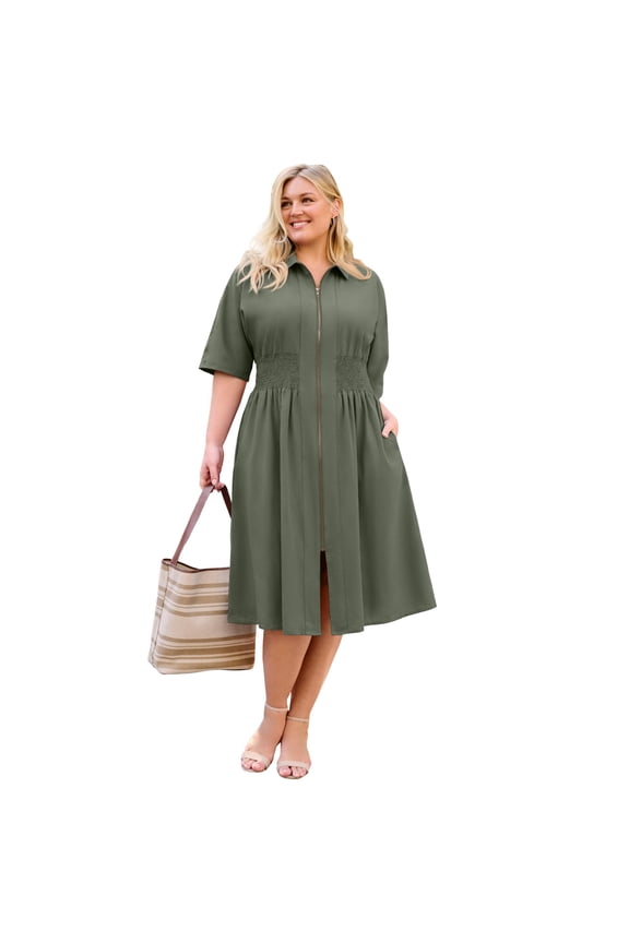 Women's Plus Size Smocked Waistband Zip-Front Dress