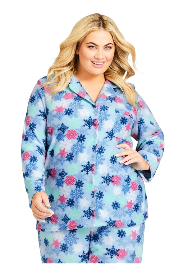 Women's Plus Size Snowflake Button Fleece Sleep Top