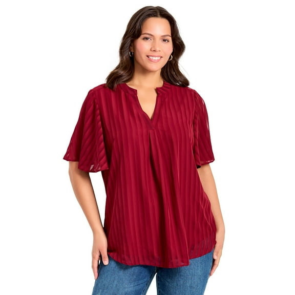 Avenue Women's Plus Size Split Neck Flutter Sleeve Blouse