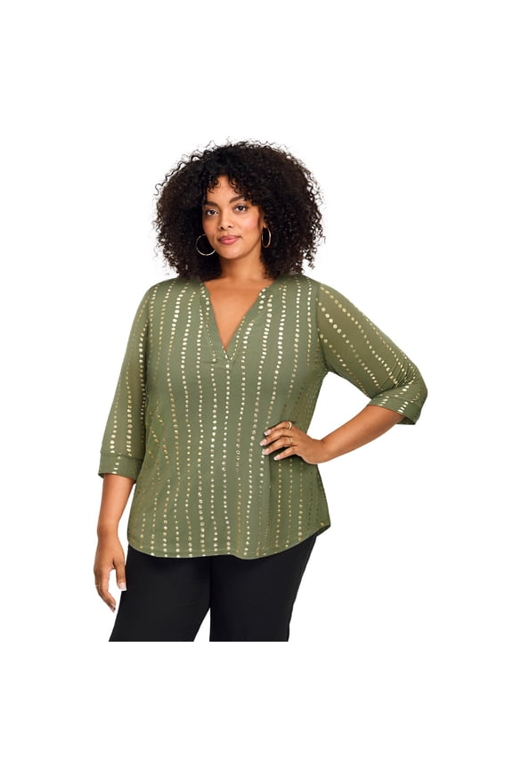 Women's Plus Size Split-Neck Foil Top