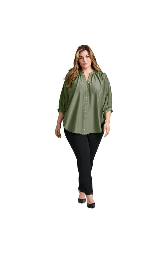 Women's Plus Size Studded Blouson Sleeve Blouse