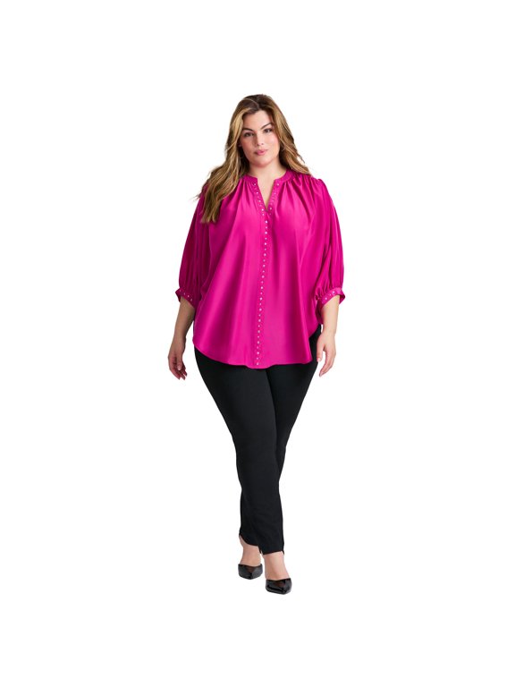 Women's Plus Size Studded Blouson Sleeve Blouse