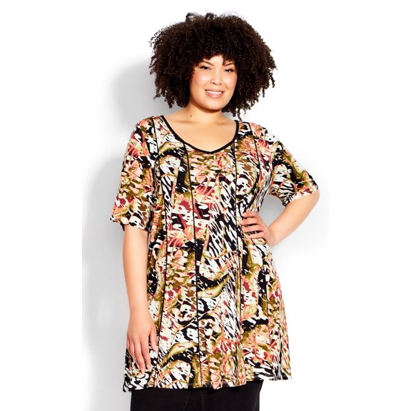 Avenue Women's Plus Size Swing Panel Print Tunic Top Short Sleeve V-Neckline, Female