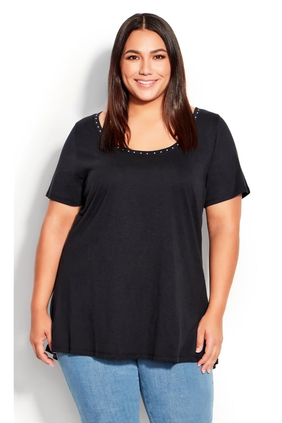Women's Plus Size Swing Trim Top Short Sleeves Scoop Neck - Black