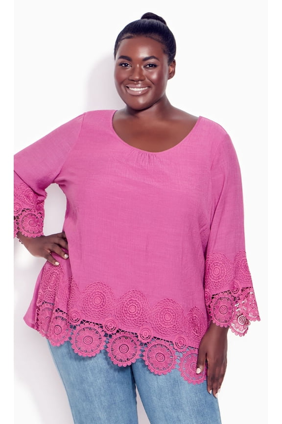 Women's Plus Size Sylvie Crochet Top 3/4 Length Sleeves Round Neckline