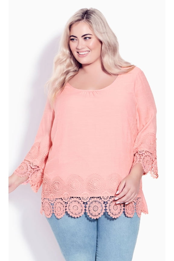 Women's Plus Size Sylvie Crochet Top 3/4 Length Sleeves Round Neckline