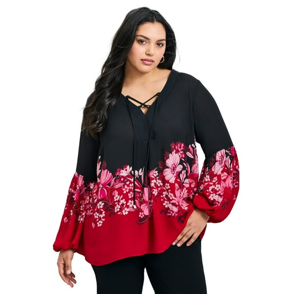 Avenue Women's Plus Size Tamlyn Lace Up Print Top