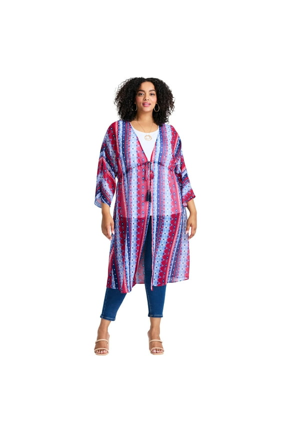 Women's Plus Size Tie-Front Duster Kimono
