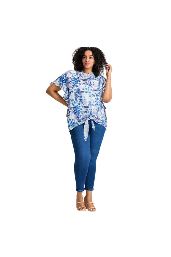 Women's Plus Size Tie Front Scarf Sleeve Blouse