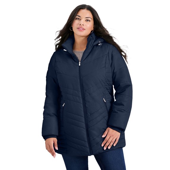 Avenue Women's Plus Size Triple Chevron Hooded Puffer Jacket