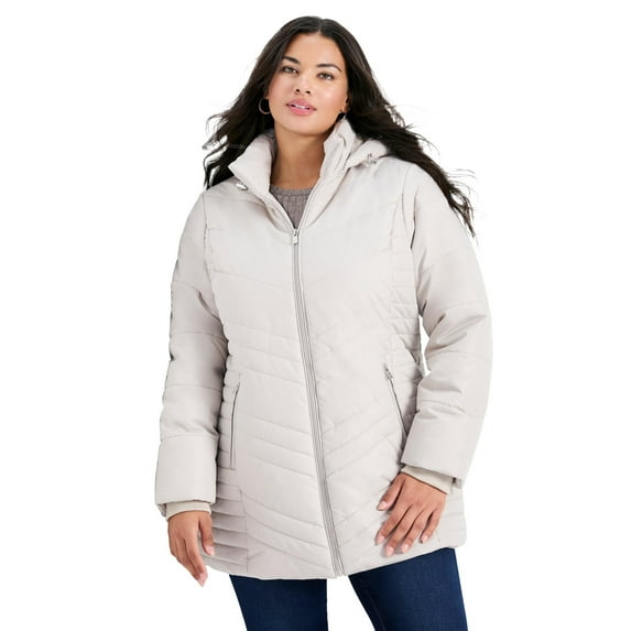 Avenue Women's Plus Size Triple Chevron Hooded Puffer Jacket