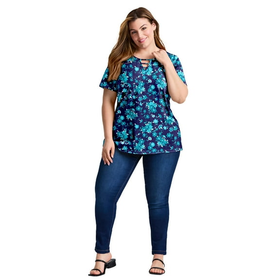 Avenue Women's Plus Size Triple Keyhole Short Sleeve Tee