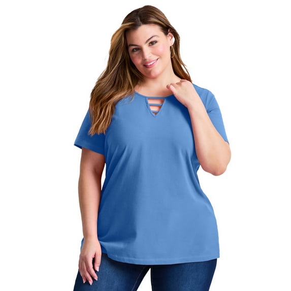 Avenue Women's Plus Size Triple Keyhole Short Sleeve Tee