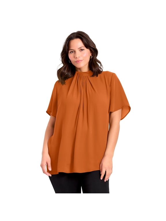 Women's Plus Size Twist Front Mockneck Flutter Sleeve Blouse