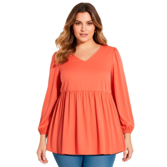 Avenue Women's Plus Size V Neck Blouson Elastic Waist Blouse