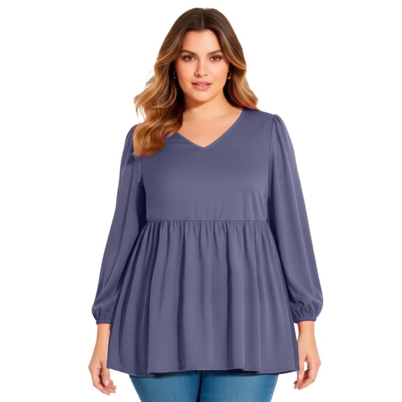 Avenue Women's Plus Size V Neck Blouson Elastic Waist Blouse
