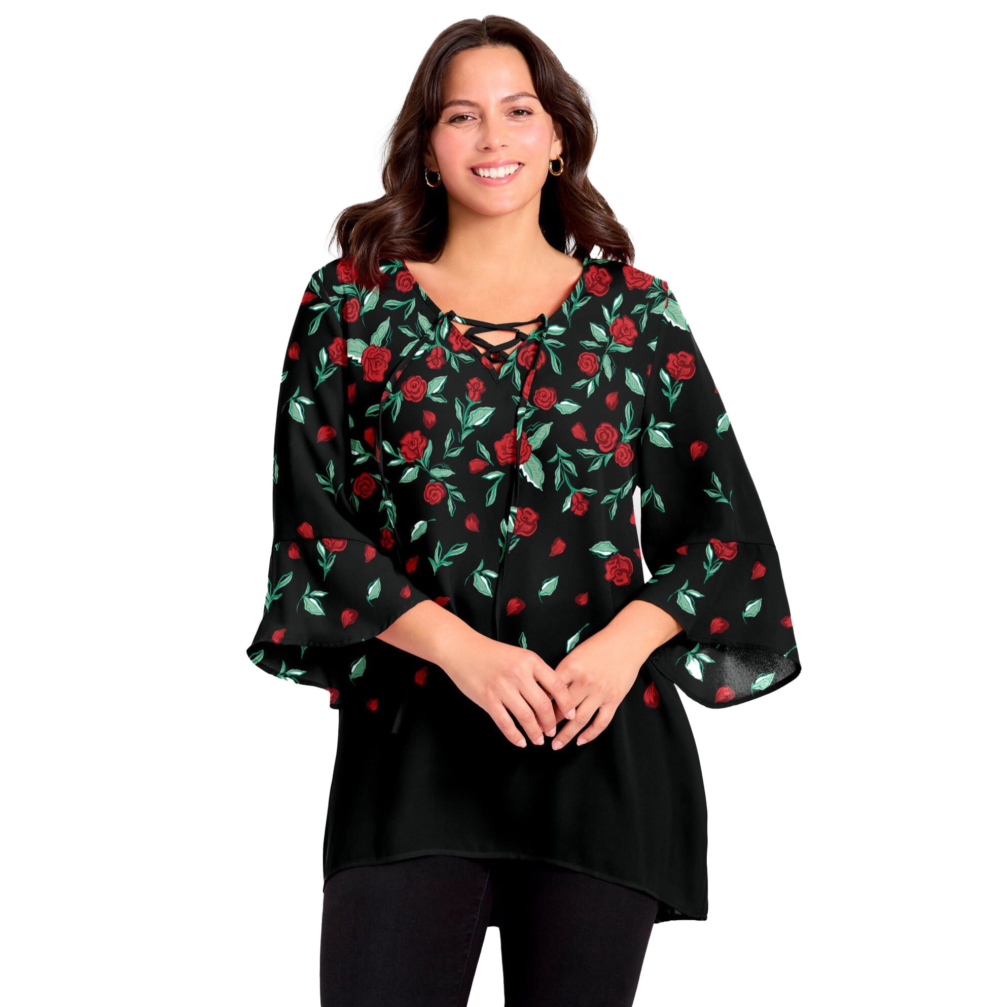 Avenue Women's Plus Size V-Neck Lace-Up Bell Sleeve Tunic - Walmart.com