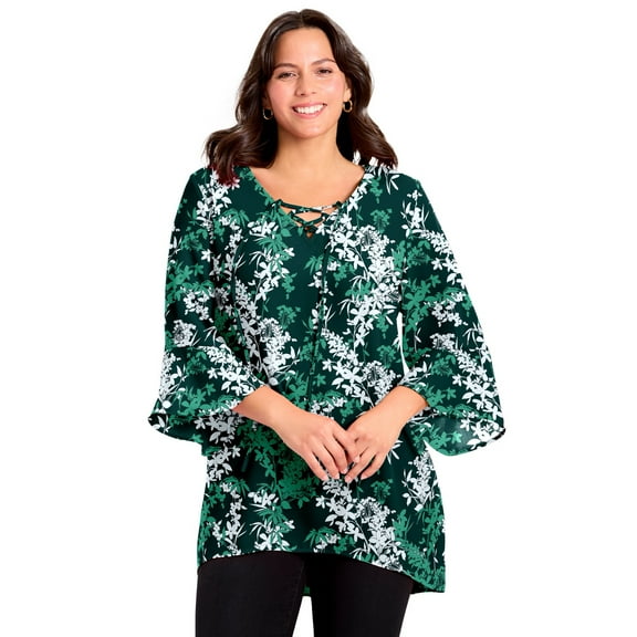 Avenue Women's Plus Size V-Neck Lace-Up Bell Sleeve Tunic