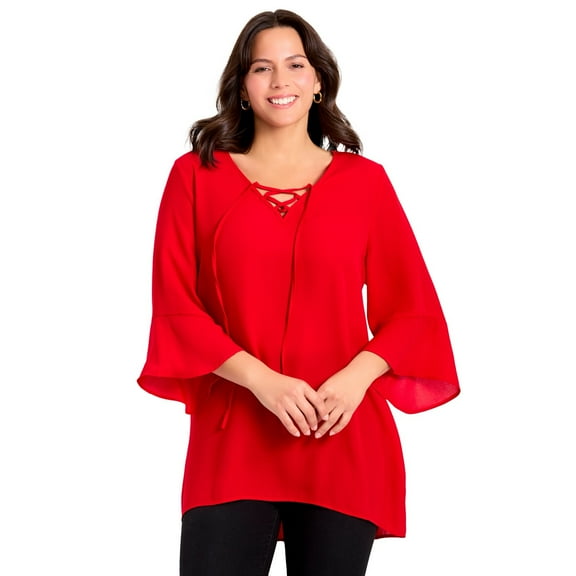 Avenue Women's Plus Size V-Neck Lace-Up Bell Sleeve Tunic