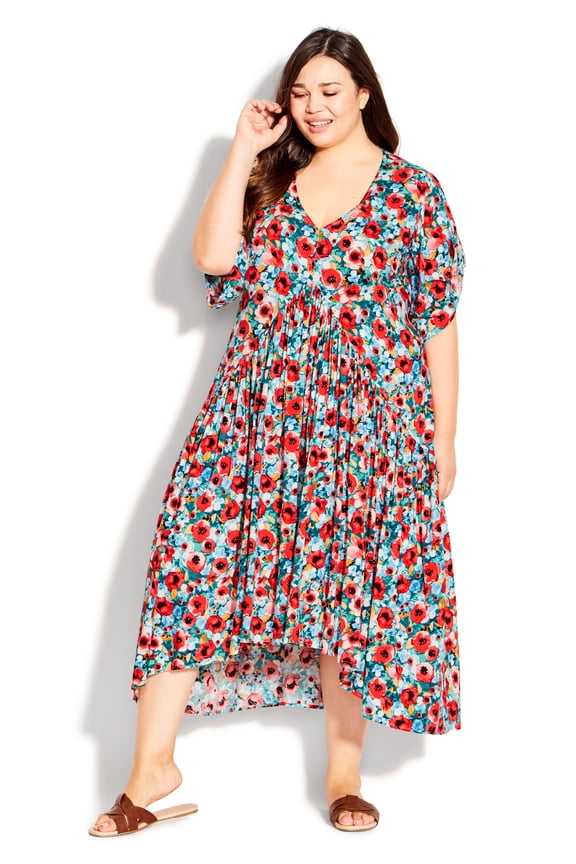 Women's Plus Size Val Print Dress Flutter Sleeves Pointed Waist Flowing Skirt