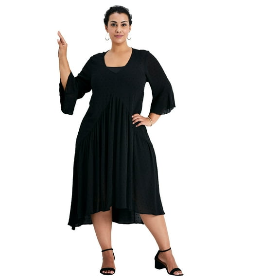 Avenue Women's Plus Size Vicki Textured Dobby Bell Sleeve Dress