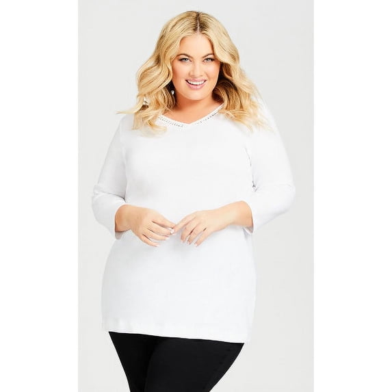 Avenue Women's Plus Size Wessex Essential Longline Tee V-Neck With Crochet Trim 3/4 Sleeves