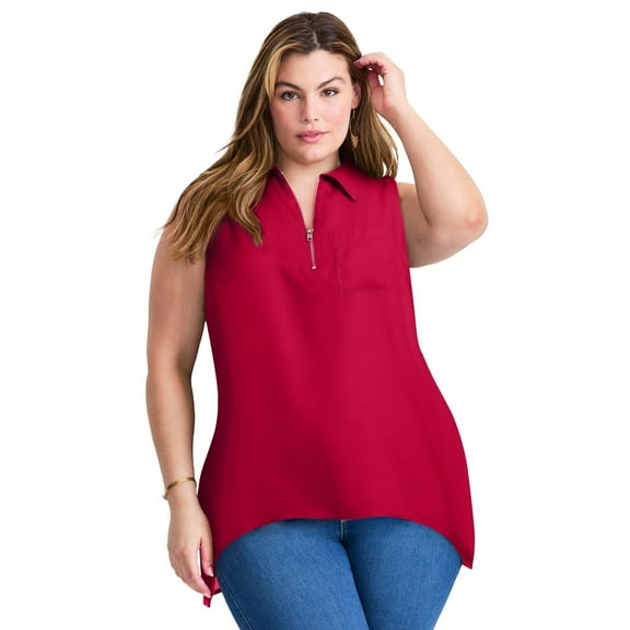 Avenue Women's Plus Size Zip Neck Hi-Low Shirt