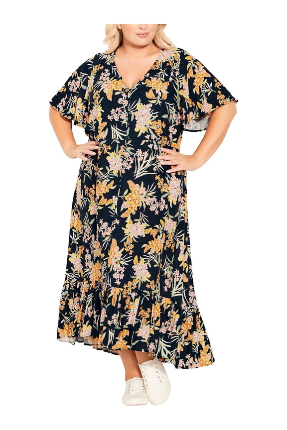 Womens Plus Sasha Floral Flutter Sleeve Midi Dress