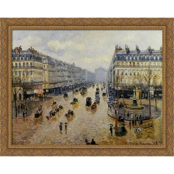 Avenue de l'Opera Rain Effect 34x28 Large Gold Ornate Wood Framed Canvas Art by Camille Pissarro