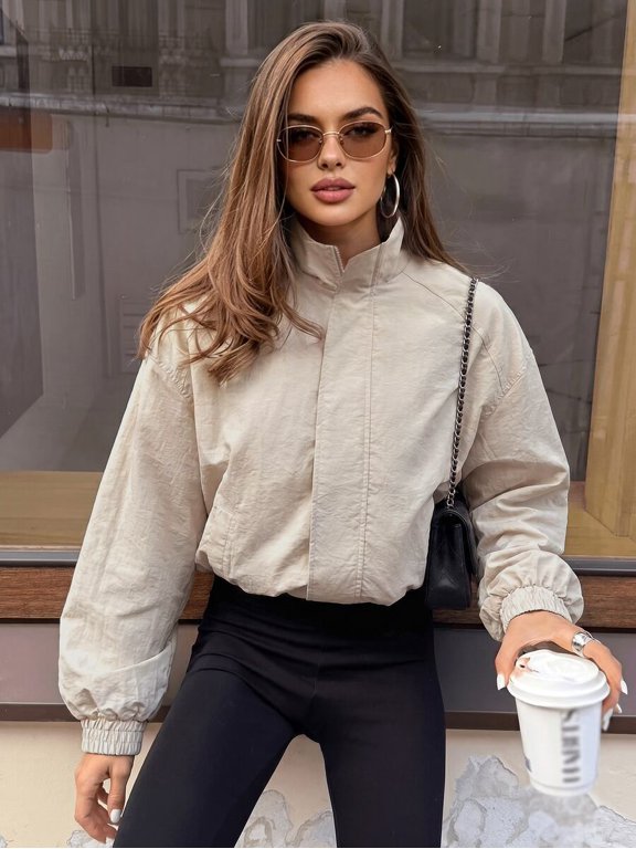 Avenya Women's Stand Collar Zip Up Jacket, Ballet Sleeve Minimalist Casual Outerwear, Beige for Autumn Travel & Daily Wear