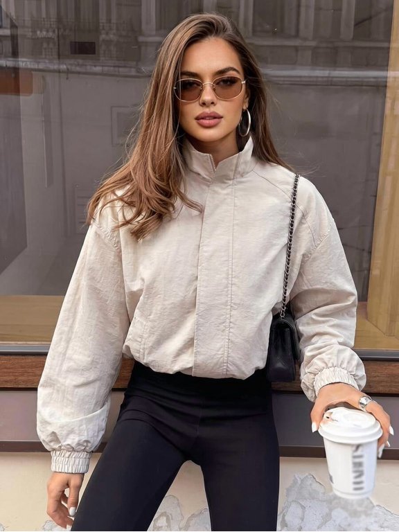 Avenya Women's Stand Collar Zip Up Jacket, Ballet Sleeve Minimalist Casual Outerwear, Beige for Autumn Travel & Daily Wear