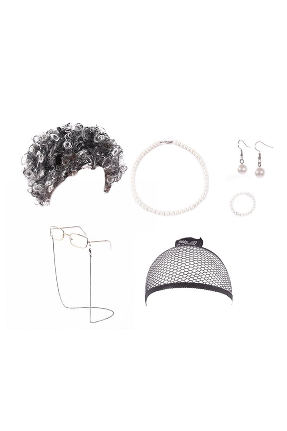 Average- Wig for Women Granny with Glasses Chain Pearl Necklace Earring Bracelet Set for Mature