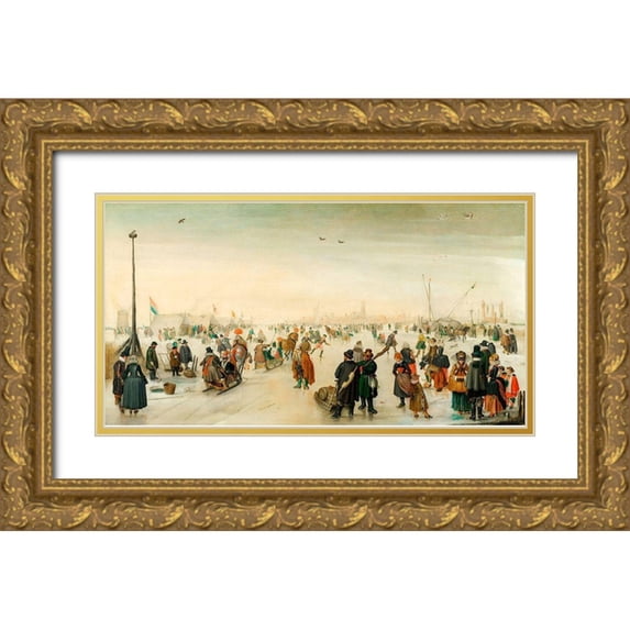 Avercamp, Hendrick 14x9 Gold Ornate Wood Framed with Double Matting Museum Art Print Titled - Enjoying the Ice near a Town