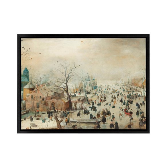 Avercamp Winter Landscape With Skaters Black Framed Canvas Wall Art Print 24X32"