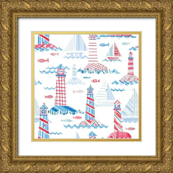 Averinos, Melissa 15x15 Gold Ornate Wood Framed with Double Matting Museum Art Print Titled - Coastal Americana Pattern VIII