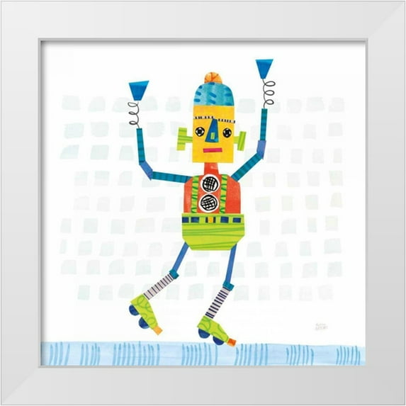 Averinos, Melissa 15x15 White Modern Wood Framed Museum Art Print Titled - Robot Party I on Squares